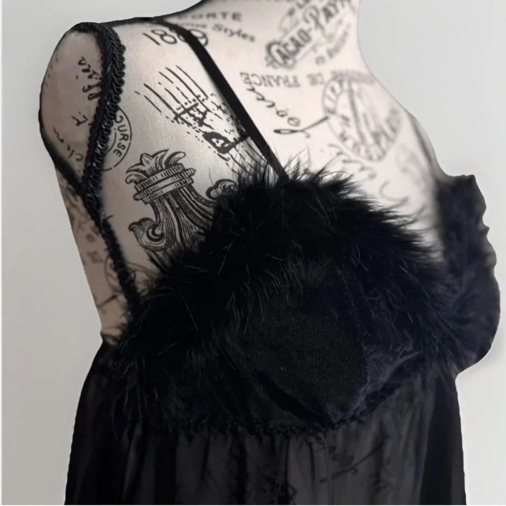 Vintage Y2K Black Whimsigoth Whimsey Goth Faux Fur Lingerie Slip Top Large - Picture 2 of 8